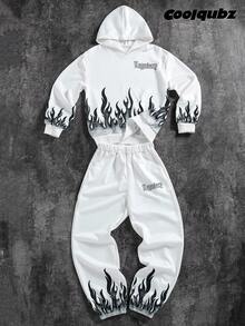 SHEIN 2pcs/Set Fashion White Printed Hoodie Sweatshirt & White Stylish Pants For Teenage Boys, Soft & Comfortable Fabric, Suitable For Autumn, Outdoor, Travel, Dancing, Photography, Back To School 2025 Bestseller Outfit