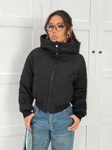 SHEIN EZwear Autumn Winter Women Women's Black Woven Hooded Jacket, Winter - Black - View 5