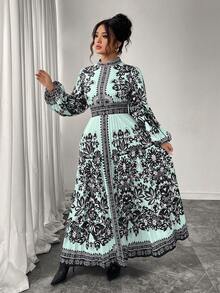 Elenzga 大码女式长款褶皱喇叭裙，黑色和杏色，圆领，收腰，修身，长袖，优雅适合下午茶和外出，佩斯利印花长裙 - 薄荷綠 - 查看 4