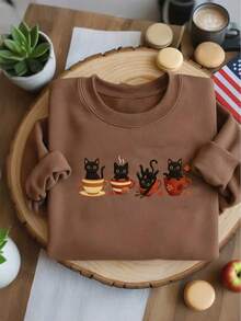 INAWLY 黑色猫咪刺绣卫衣，女士圆领秋季卫衣 - 棕色 - 查看 3