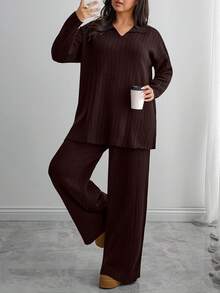 EURMUSE Women's Two Pieces Casual Long Drop Shoulder Polo Shirt Sweater And Pants, Daily Wear, Fall, Winter, Elegant - Brown - View 5