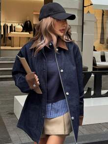 Livesso 女士休闲宽松牛仔夹克，领口拼接，秋季 - 藍色 - 查看 5