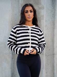 SAYEHFBABY Cardigan a rayas casual para mujer, blusas de manga larga para otoño e invierno para mujer, para mujeres de talla pequeña - Blanco y Negro - Ver 6