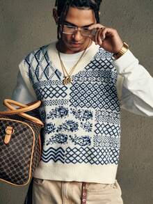 AXEPEAK 男士休闲度假风格拼布图案V领宽松针织毛衣背心，秋季 - 米色 - 查看 7