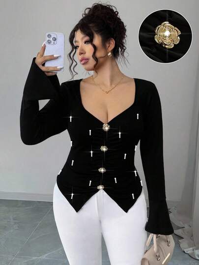 Elenzga Bluzka w dużym rozmiarze z metalową klamrą, zdobiona koralikami, z rozszerzanymi rękawami i asymetrycznym dołem i długim rękawem