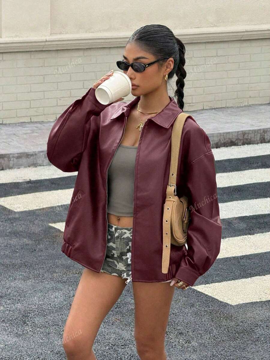 SHEIN EZwear Drop Shoulder Zip Up PU Cropped Leather Jacket In Fall/Winter