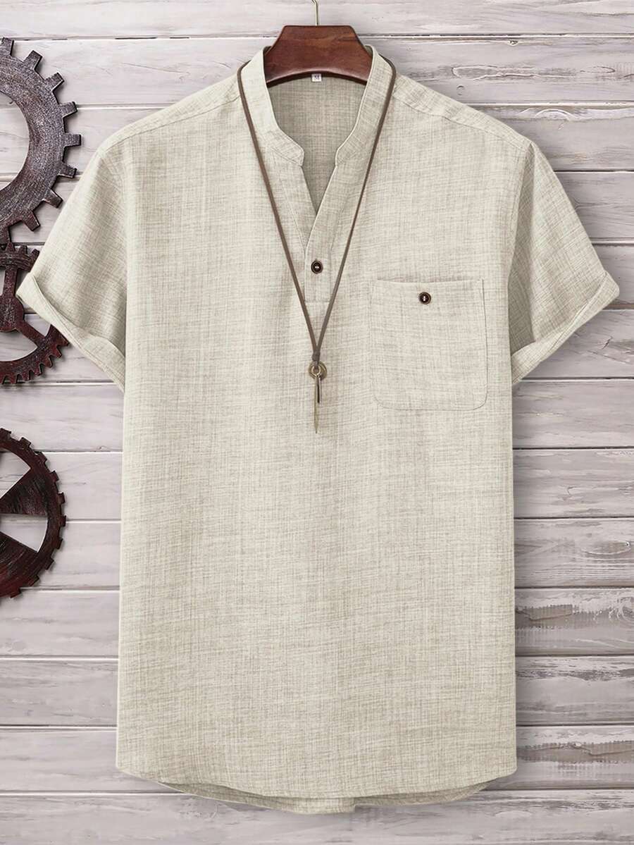 Manfinity Homme 男士宽松纯色半扣口袋贴布衬衫（不含项链） - 杏色 - 查看 1