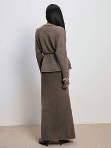 ATUI Studio 女士休闲日常通勤简约纯色落肩宽松腰带毛衣和鱼尾下摆毛衣裙两件套，秋冬 - 摩卡棕 - 查看 2