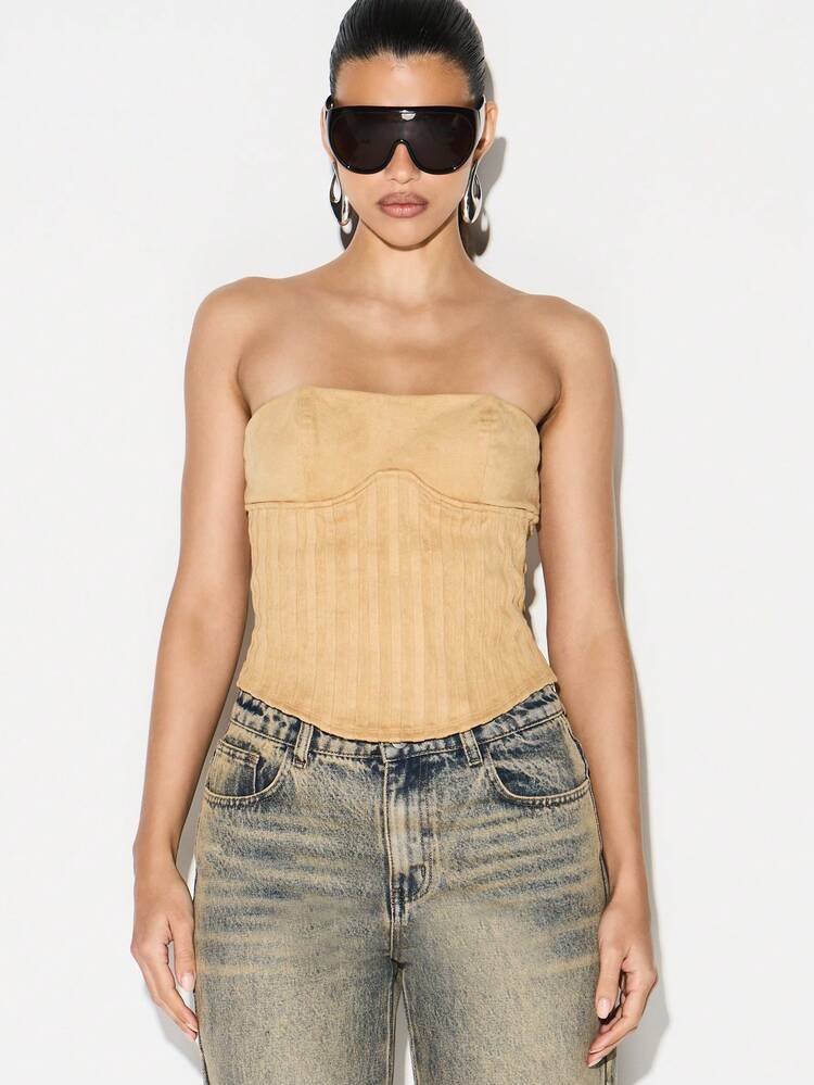 KIZN Faux Suede Strapless Corset Top With Zip Back