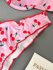 Swim Mod Women's Sweet Floral Ruffle Cherry Print Swimsuit Set For Summer Beach Vacation - Baby Pink - View 6