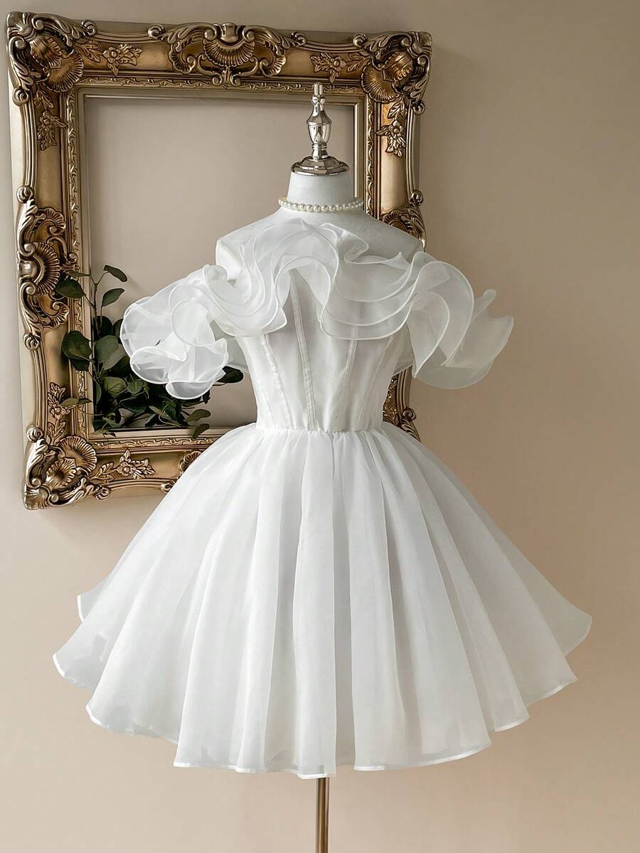 Lovelzi 优雅浪漫的白色超大立体花朵露肩聚拢蓬松连衣裙适合约会婚礼季晚宴单身派对返校季毕业季假新娘送礼会礼服，小白裙，新娘