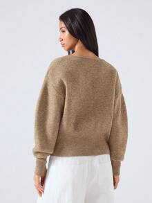 LYSMO Áo khoác len cardigan tay dài, cài khuy đơn, màu kaki thường ngày, trễ vai, màu kaki ngắn, cài nút mùa thu, áo len cardigan cài nút - Màu Khaki - Xem 2