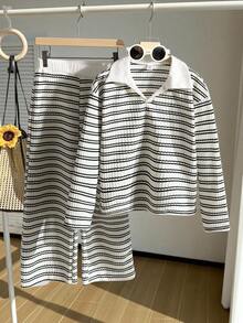 Genkimix Kids 青少年女孩休闲时尚波浪设计 T 恤套装，针织面料白领长袖波浪 T 恤上衣搭配针织提花面料黑白波浪休闲裤，适合女孩返校、日常外出、度假、派对、春秋季拍照 - 彩色 - 查看 3