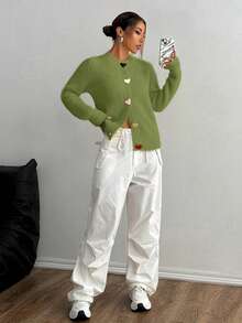 SHEIN Unity Áo len cardigan dệt kim cài nút hình trái tim nhiều màu sắc thường ngày cho nữ, tay dài, mùa thu/đông - màu xanh lá - Xem 4