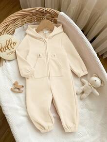 SHEIN Newborn Baby Girl Cute Pink Knitted Hooded Jumpsuit, Autumn/Winter - Apricot - View 3