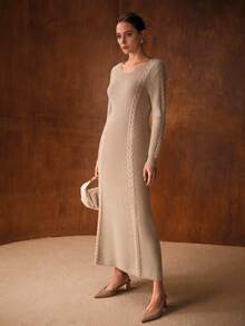 MOTF PREMIUM Elegante vestido de punto largo con cuello redondo y espalda descubierta, para otoño/invierno - Caqui - Ver 4