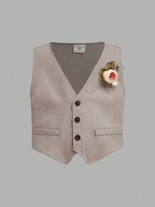 Young Boy 3-Piece Suit: Khaki Vest, Elastic Waist Pants, Bow Tie & Long Sleeve Shirt, Gentleman Style, Spring/Summer,In Fall/Winter