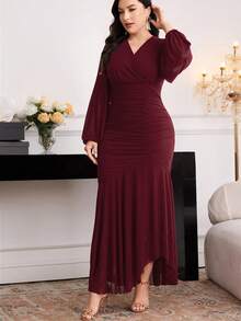 Modelyn Vestido elegante con cuello superpuesto, mangas farol y dobladillo con volantes, talla grande, otoño - Burdeos - Ver 6
