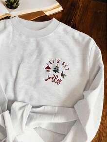 INAWLY Christmas Embroidered Crew Neck Pullover Sweatshirt For Women - Light Grey - View 3