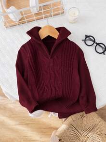 SHEIN Baby Boy/Girl Burgundy Autumn/Winter Collegiate Vintage Textured Intarsia Solid Color Knit Soft Mock Neck Zip-Up Long Sleeve Pullover Top, Soft & Comfortable For School, Home, Outings, New Year Baby Clothes Girl Fall Sweater Toddler Sweaters Baby Boy Burgundy Clothes Baby Boy Sweaters Baby Solid Color Knitted Sweater - Burgundy - View 6