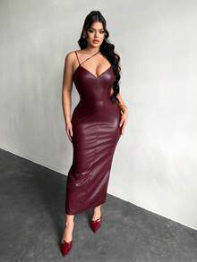 SHEIN SXY Váy bó sát da PU màu trơn dành cho nữ - Màu Đỏ Sâu - Xem 5