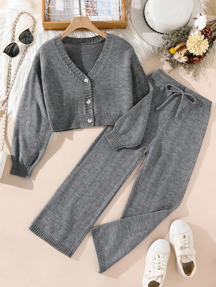 SHEIN 青少年女孩纯色V领长袖纽扣前开衫和裤子套装
