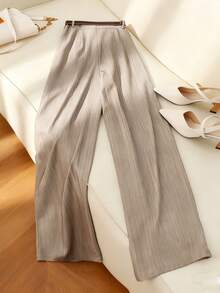 Franclia 女式条纹印花褶皱口袋束带裤 - 卡其色 - 查看 2