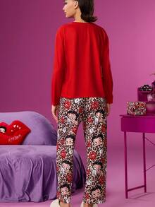 Betty Boop x SHEIN 女士红色贝蒂豹纹卡通图案落肩上衣和裤子睡衣套装秋冬圣诞睡衣套装新年秋装 - 紅色 - 查看 2