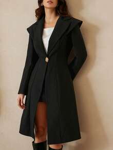 GENKIRA Desain Elegan, Kerah Lebar Terstruktur, Pinggang Ramping, Blazer Panjang Asimetris Kancing Tunggal - Hitam - View 1