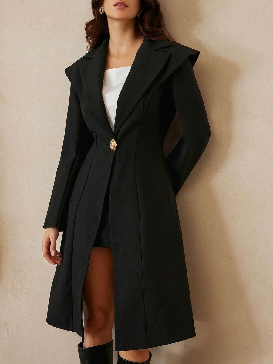 GENKIRA Desain Elegan, Kerah Lebar Terstruktur, Pinggang Ramping, Blazer Panjang Asimetris Kancing Tunggal - Hitam - View 1