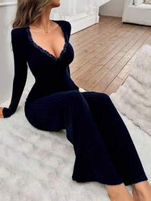 SHEIN Women's Sexy Solid Color Lace Collar Long Sleeve Top & Pants Ribbed Soft & Comfortable Pajama Set Navy Blue Pajama Set Fall Winter Clothes - Navy Blue - View 4