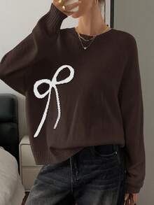 DAZY Cream-White Bow Knitted Sweater For Women, Loose Vintage Style, Autumn/Winter - Brown - View 2