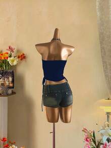 Attitoon Navy Blue Women's Casual Drawstring Tie-Front Cropped Camisole Top - Navy Blue - View 2