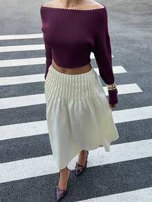 Siren Gaze Women's Elegant Textured Pleated A-Line Skirt, Minimalist Solid Color Winter White