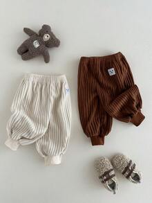 SHEIN 2 件套幼儿男童灯芯绒松紧腰罗纹下摆裤子，穿着舒适，适合春夏秋冬，时尚搭配，户外活动，婴儿礼物