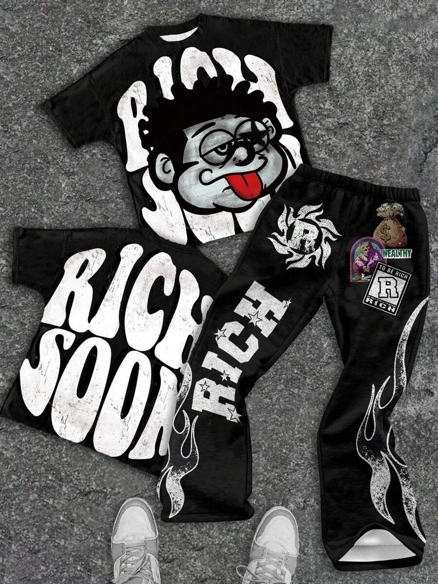 SHEIN 青少年男孩休闲酷炫卡通人物印花，“Rich Soon”文字印花圆领 T 恤上衣、钱包和火焰印花喇叭裤 2 件套，适合夏季、街头服饰、摇滚音乐、优雅休闲 - 彩色 - 查看 1