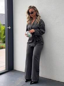 Jeta Ari 2pcs Women's Striped Wrap Elegant Casual Kimono Blazer Set, Grey, Office Fashion Commuter Suit - Dark Grey - View 1