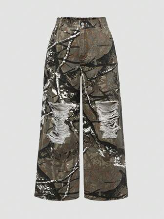 Grunge Punk Jeans in Große Größen für Frauen im Vintage-Kpop-Stil mit Camouflage-Muster, Destroyed-Effekt und weitem Bein mit Taschen