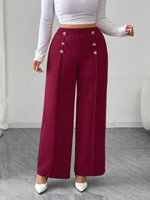 Elenzga Christmas Plus Size Women Elegant Knitted Wine Red & Gold Decorative Button Long Leggings - Burgundy - View 4