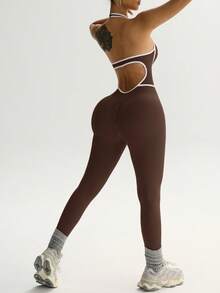 Slayform Contrast Trim Backless Halter Jumpsuit - Coffee Brown - View 6