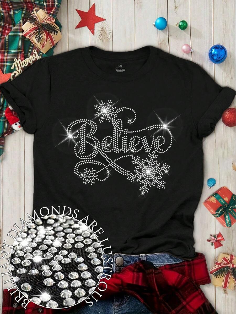 EMERY ROSE Áo thun Believe Rhinestone Bling cỡ lớn dành cho nữ, Áo thun Believe Christmas, Áo thun Snowflake Winter Bling, Áo thun Giáng sinh cổ tròn tay ngắn dành cho nữ, Áo thun lấp lánh ngày lễ - màu đen - Xem 1