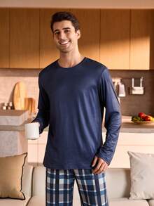 Manfinity Underwear&Sleepwear Basics Plus Size Men Blue Plaid Long Sleeve Top And Pants Loungewear Set, Christmas - Blue - View 5