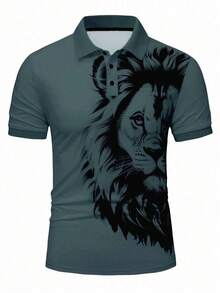Manfinity LEGND Men's Lion Print Short Sleeve Casual Polo Shirt, Summer/Commute