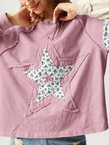 Bohemela Camiseta de manga larga con estampado de estrella de cinco puntas, estilo callejero y urbano para mujer de talla grande