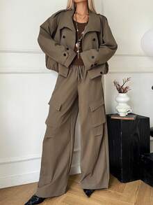 DAZY 女士纯色简约长袖外套和裤子两件套，休闲日常家居服套装 - 卡其色 - 查看 4