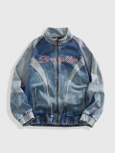 ROMWE MEN Street Life 男式字母印花拉链拼色长袖牛仔夹克