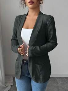 SHEIN PETITE Women's Casual Ribbed Fleece Open Front Side Pocket Short Lightweight Jacket - Grey - View 3