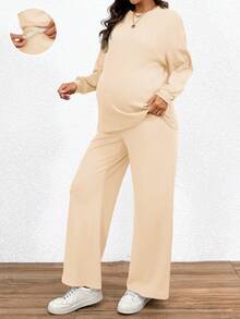 SHEIN 2pcs Maternity Set: Solid Color Round Neck Drop Shoulder Long Sleeve Top And Adjustable Waist Pants,Casual 2 Pieces Lounge Sets,Peach Autumn Everyday - Apricot - View 3