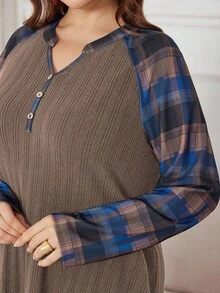 Lacomfia 大码优雅休闲格子拼布连衣裙 - 卡其色 - 查看 6