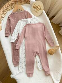Babygirl Cute Casual Knitted Ditsy Floral Stretchy Pink Long Sleeve Jumpsuit Bodysuit Loungewear